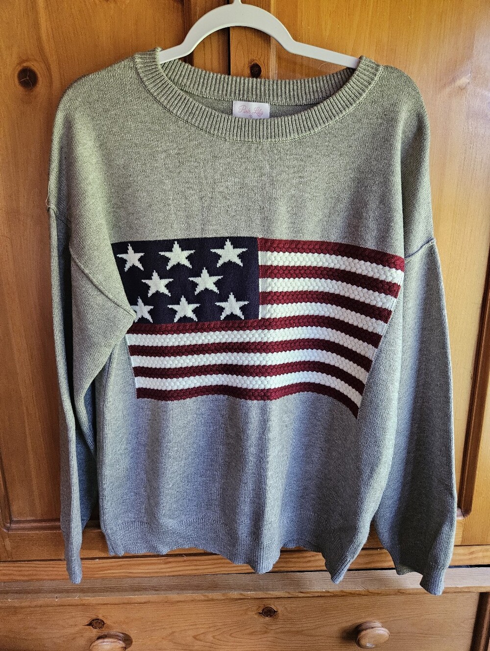 NWOT PINK LILY GRAY Crewneck Sweater with American Flag SIZE SMALL